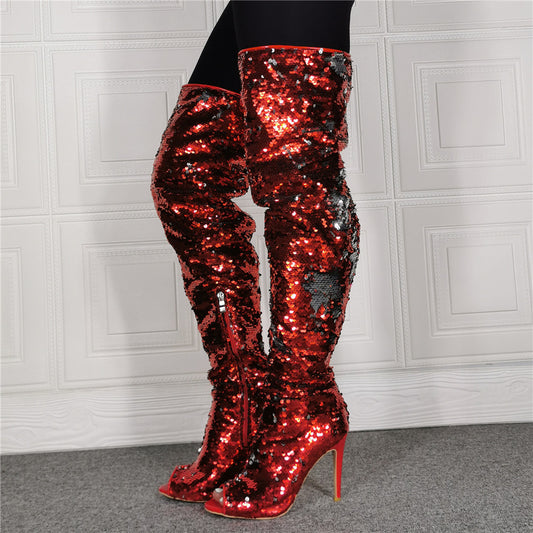 Women's Fashion Fish Mouth Sequin High Heel Over Knee Boots