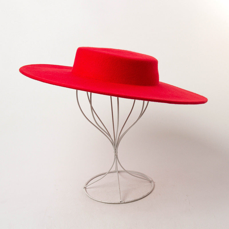 Retro Light Flat Top Big Brim Woolen Bowler Hat