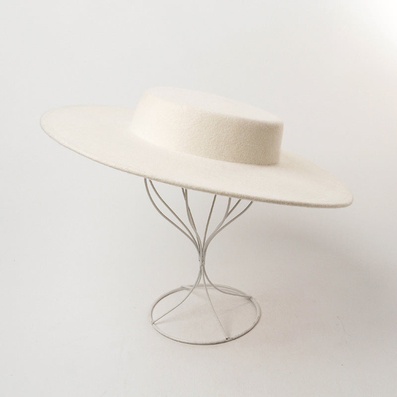 Retro Light Flat Top Big Brim Woolen Bowler Hat