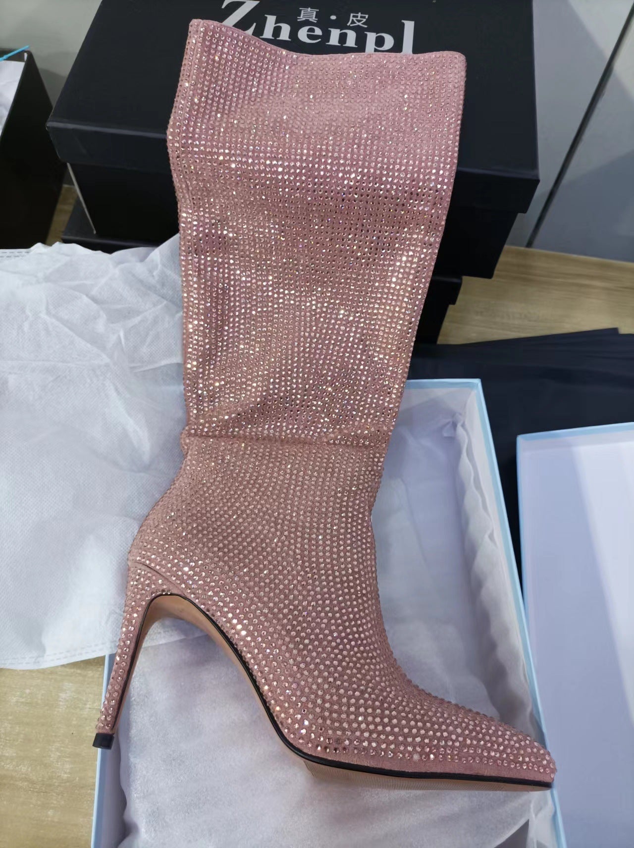 New Fashion Hot Drilling High Heel Pointed Long Tube Women's Shoes
