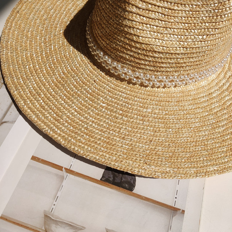 French Pearl Chain Big Brim Wheat Straw Jazz Straw Hat Beach