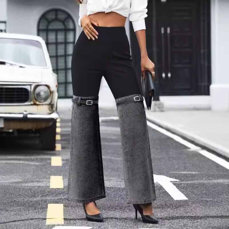 Fashion Slim Knit Denim Stitching Elastic Waist