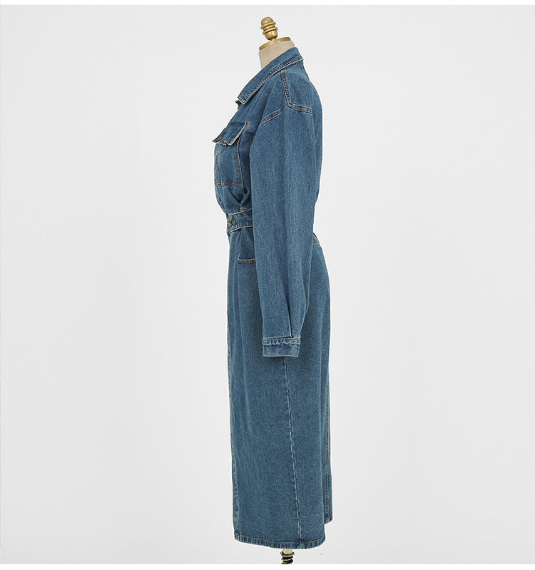 Korean style slim denim dress female waist single breasted