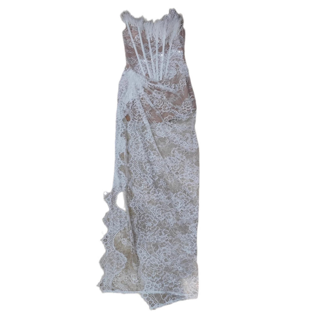 Tube Top High Slit Feather Annual Party Party Evening Dress