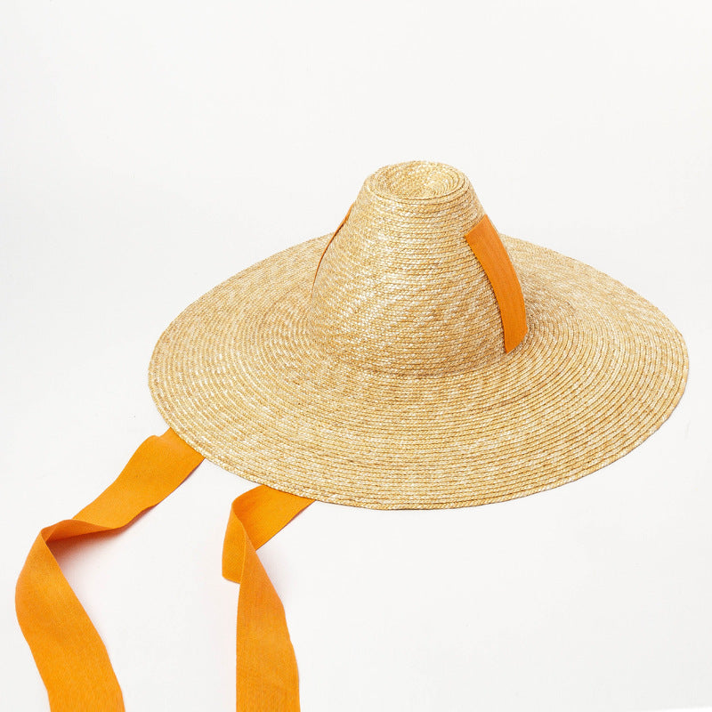 Women's Outdoor High Top With Straps Hand-knitted Straw Hat With Large Eaves