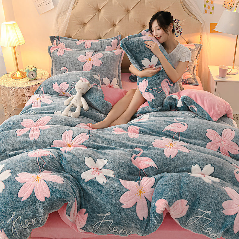 Coral Velvet Sheet Duvet Cover Double Sided Plus Velvet Thick Bedding Set