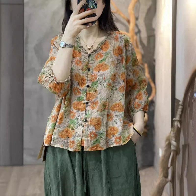 Wooden Ear Cotton And Linen Shirt Casual Collar Top