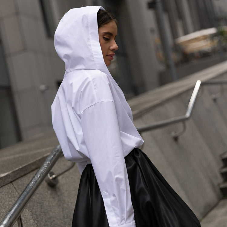 Cotton White Long Sleeve Hooded Shirt