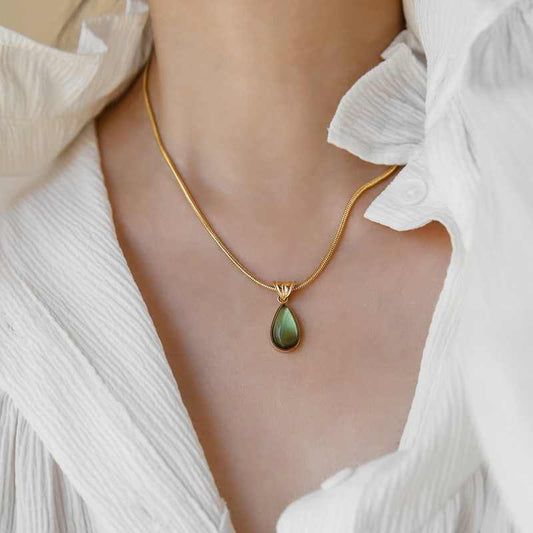 Green Blue Water Drop Pendant Vintage Olive Necklace For Women
