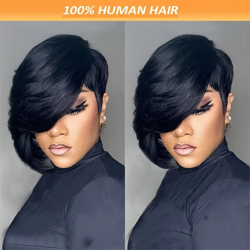 Straight Black Elegant 8 PixieCut Wig For Women -Glueless Human Hairwith Long Bangs, Everyday Style Wig L SleekShort Wig   Wig Accessories