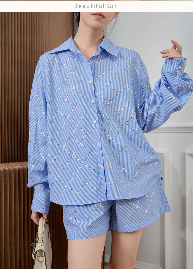 Women's Fashion Casual Blue Shirt Shorts Suit