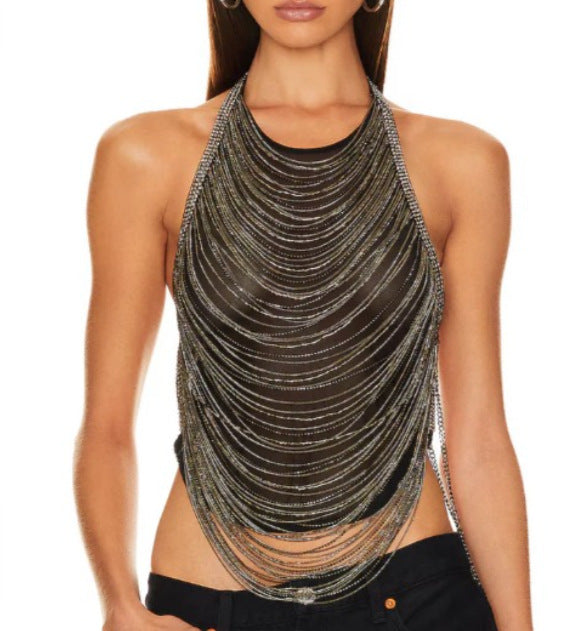 Rhinestone Inlaid Drill Chain Wave Tassel Chain Halter Top