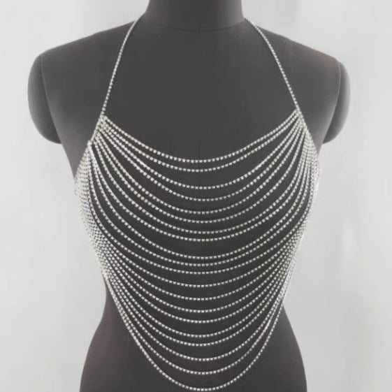 Rhinestone Inlaid Drill Chain Wave Tassel Chain Halter Top