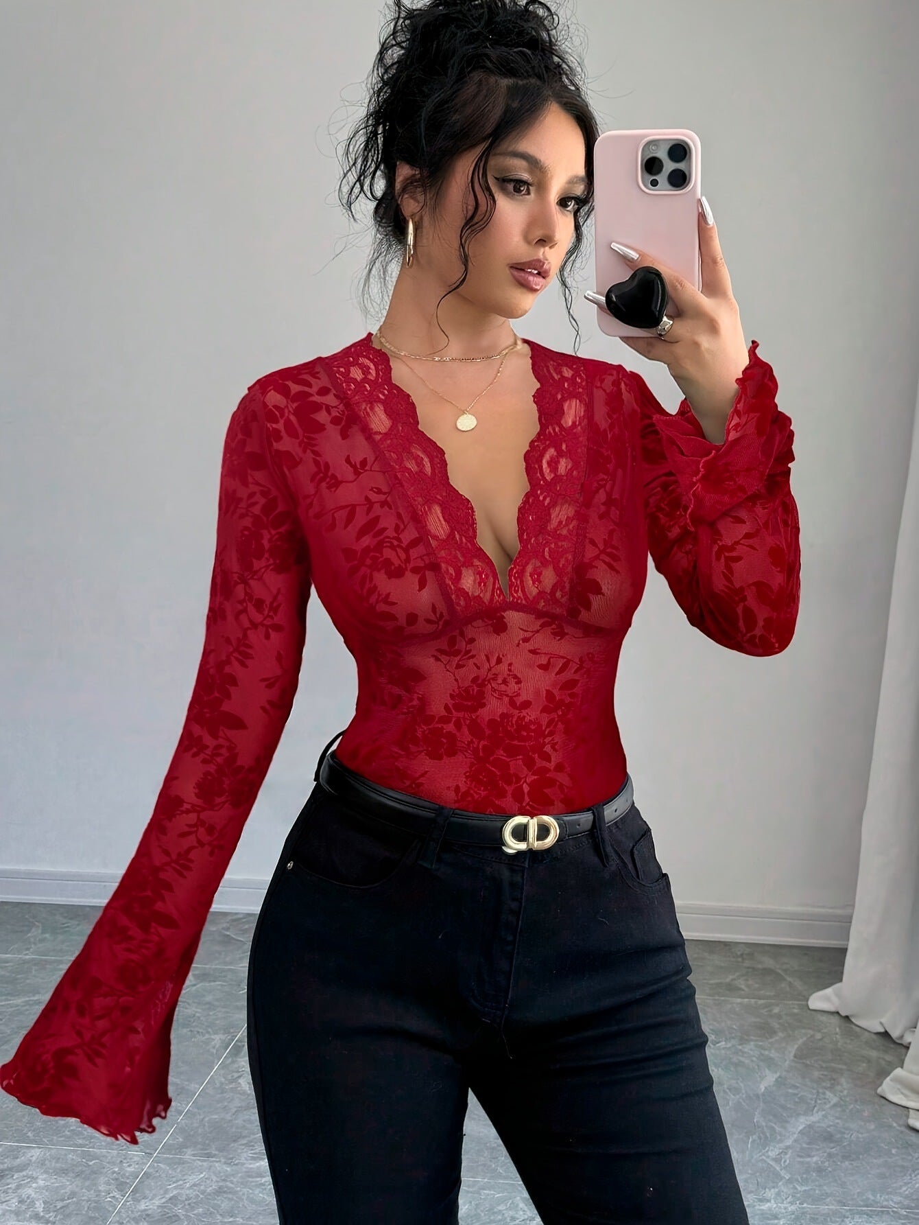 Women V-neck Lace Mesh Flare Sleeve T-shirt