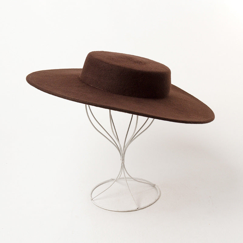 Retro Light Flat Top Big Brim Woolen Bowler Hat