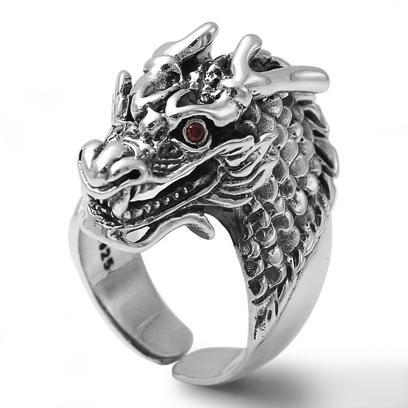 S925 Sterling Silver Ornament Domineering Dragon Head Vintage Thai Silver Ring