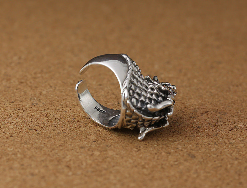 S925 Sterling Silver Ornament Domineering Dragon Head Vintage Thai Silver Ring