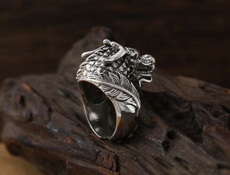 S925 Sterling Silver Ornament Domineering Dragon Head Vintage Thai Silver Ring
