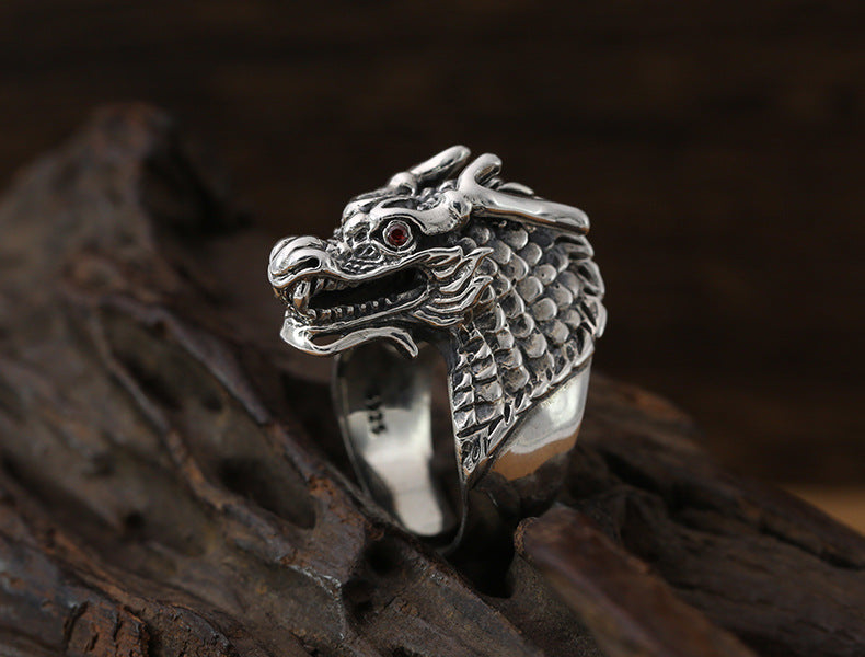 S925 Sterling Silver Ornament Domineering Dragon Head Vintage Thai Silver Ring