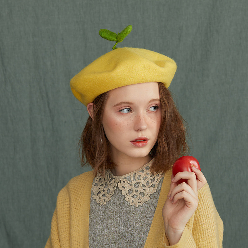 Handmade Wool Felt Cute Growing Green Bud Painter Beret All-match