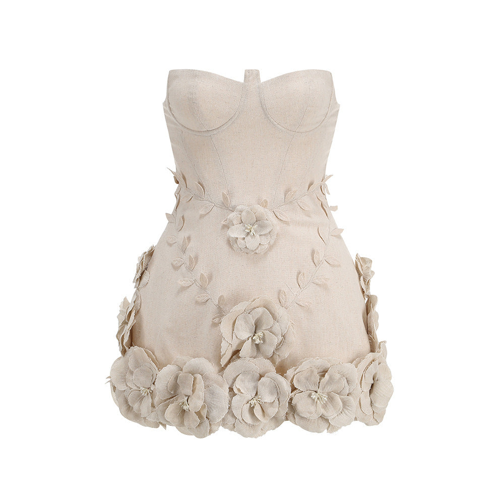 Off-the-shoulder Tube Top Slim Fit Slimming Floral Dress Puffy Dress