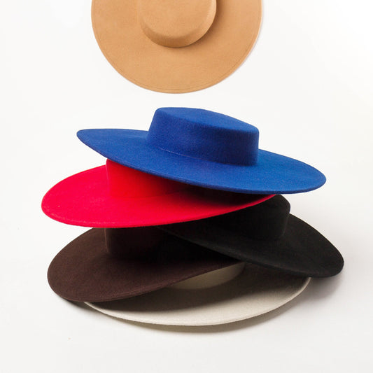 Retro Light Flat Top Big Brim Woolen Bowler Hat