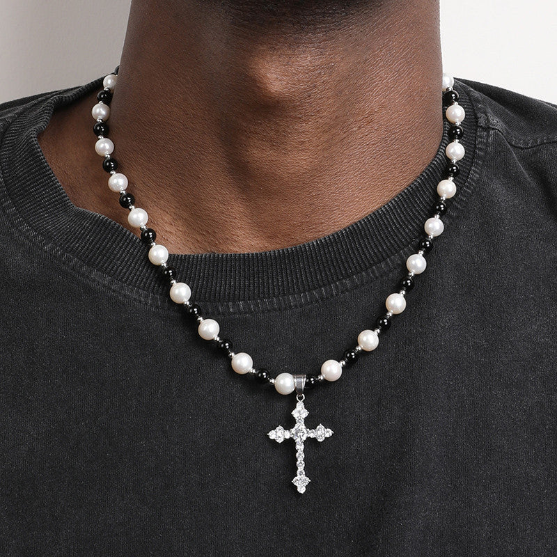 Natural Freshwater Pearl Black Agate Necklace With Cross Pendant
