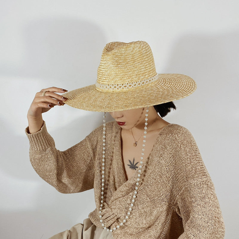 French Pearl Chain Big Brim Wheat Straw Jazz Straw Hat Beach