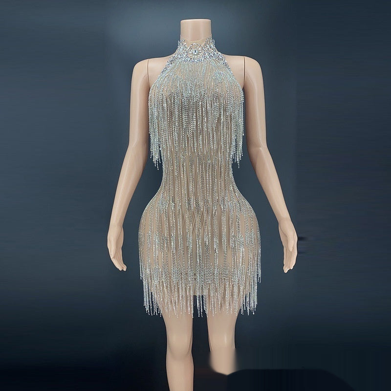 Heavy Industry Diamond Decorations Chain Sexy Backless Vacation Style Dress