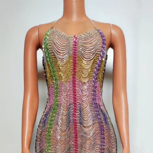 Colorful Drill Chain Dress Performance Costume Party Evening Dress