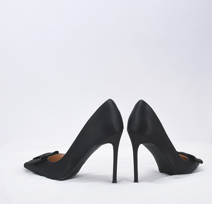 Bowknot Black Satin Pointed Stiletto Heels