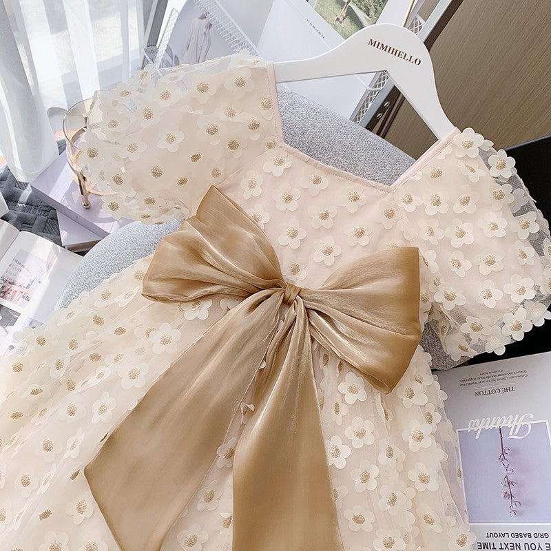 Flower Cut Princess Dress Puff Sleeve Little Girl