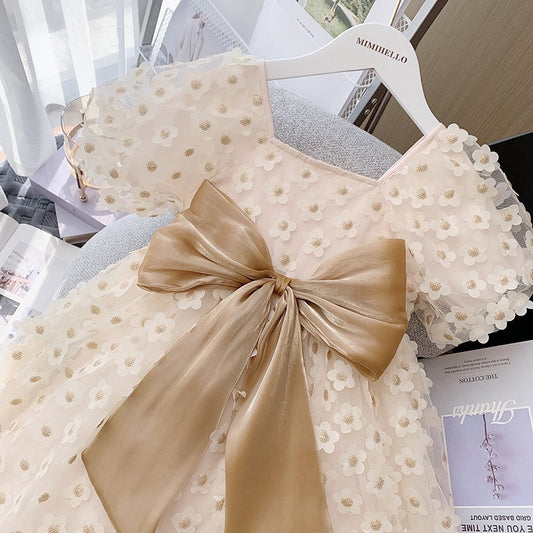 Flower Cut Princess Dress Puff Sleeve Little Girl