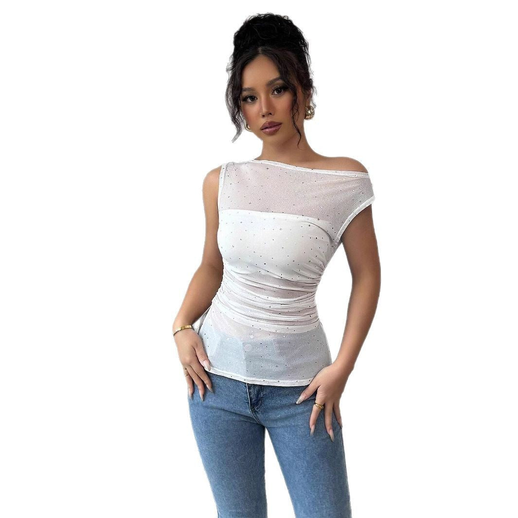 European And American Ladies Sequined Decorative Pleated Diagonal Collar Pleated Hem T-shirt For Women