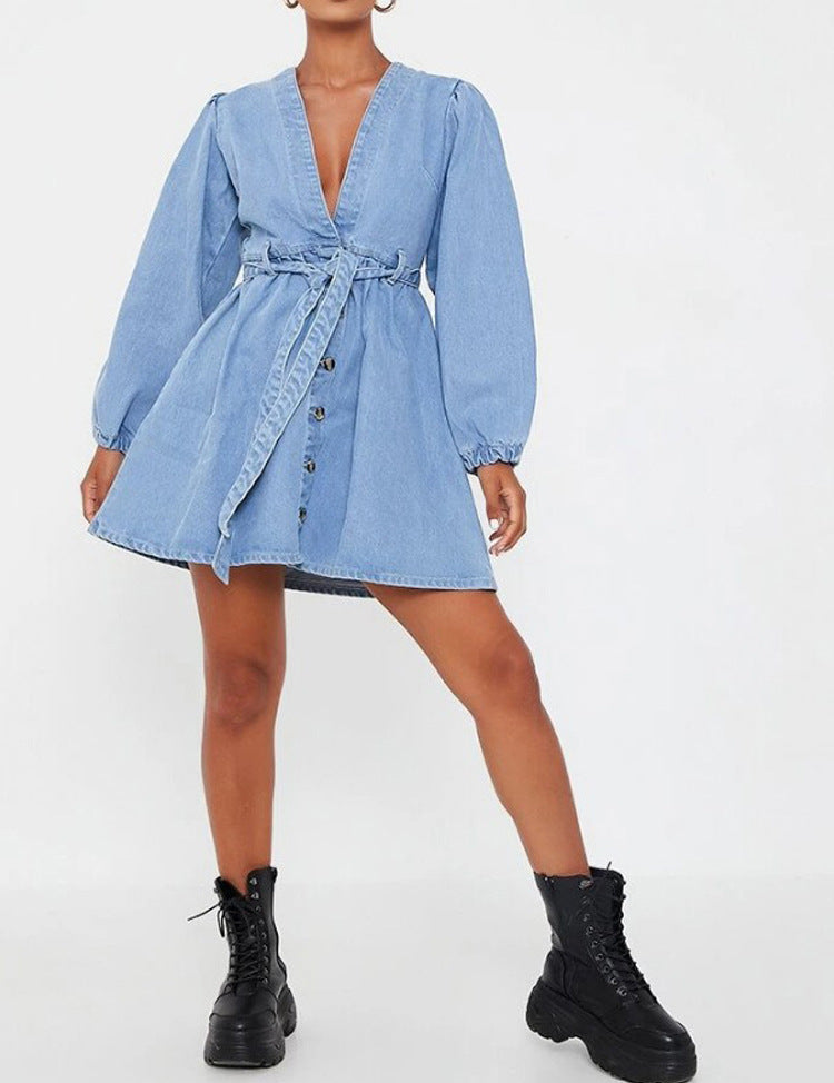 Long-sleeved Cardigan V-neck Denim Midi Dress