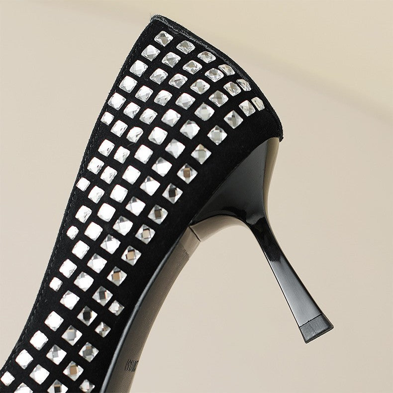 Black Rhinestone French Sheepskin Pointed Fine Heel Small High Heels