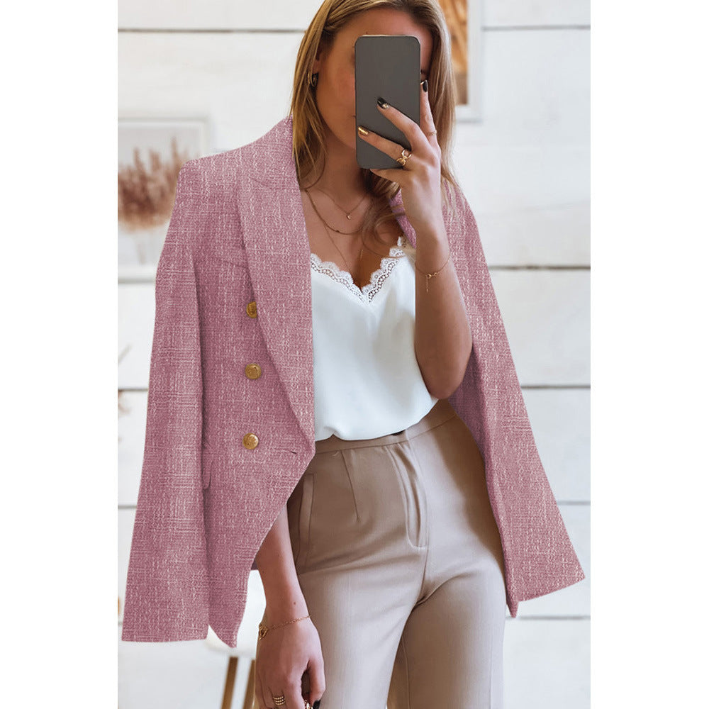 Women's Solid Color Slim-fit Suit With Metal Breasted
