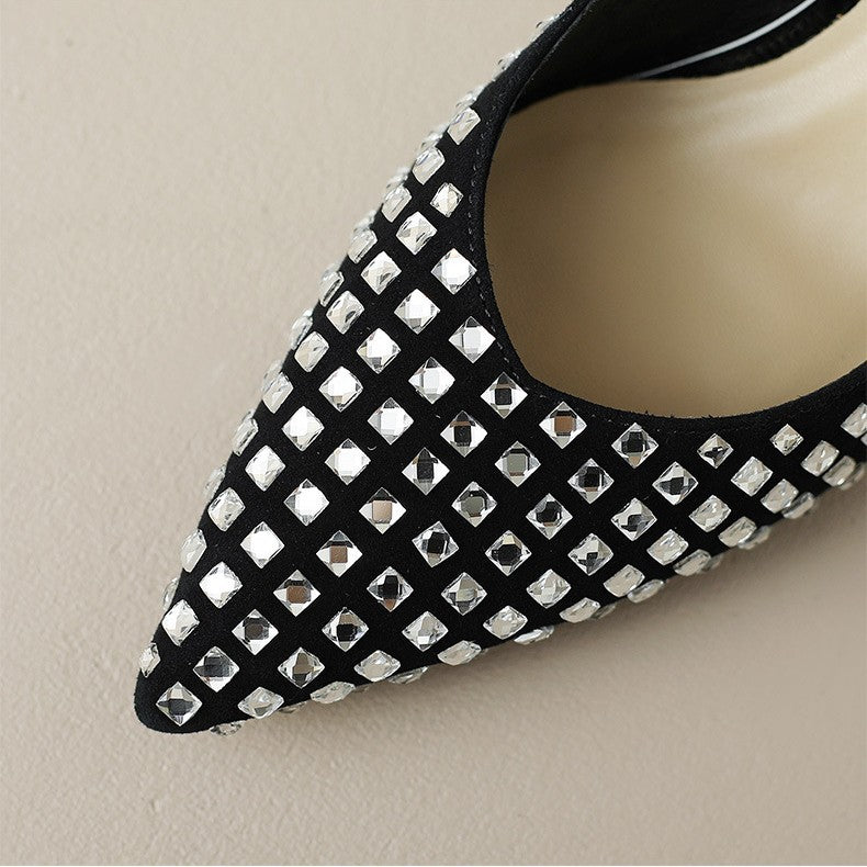Black Rhinestone French Sheepskin Pointed Fine Heel Small High Heels