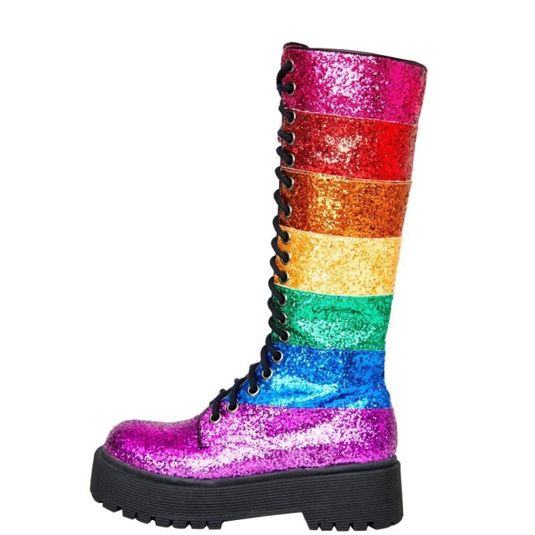 Sequins Color Matching Straps Martin Boots Trifle Platform Contrast Color