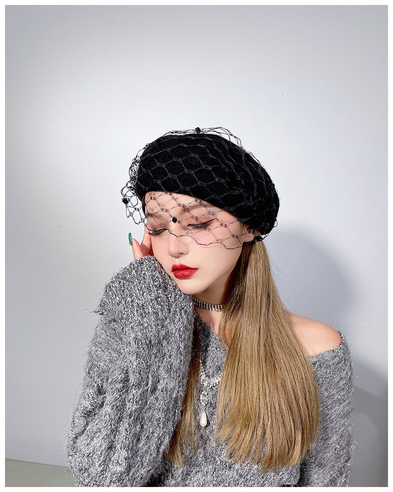 Vintage French Mesh Veil Pom Pom Versatile Wool Beret