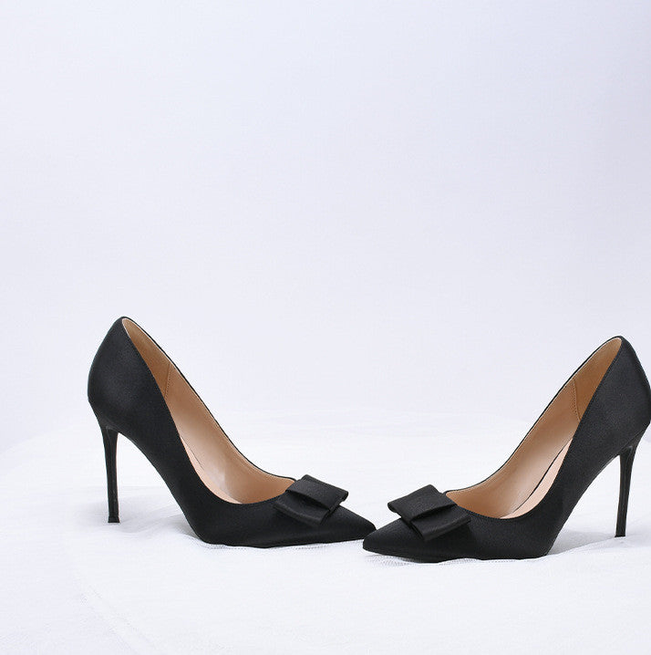 Bowknot Black Satin Pointed Stiletto Heels