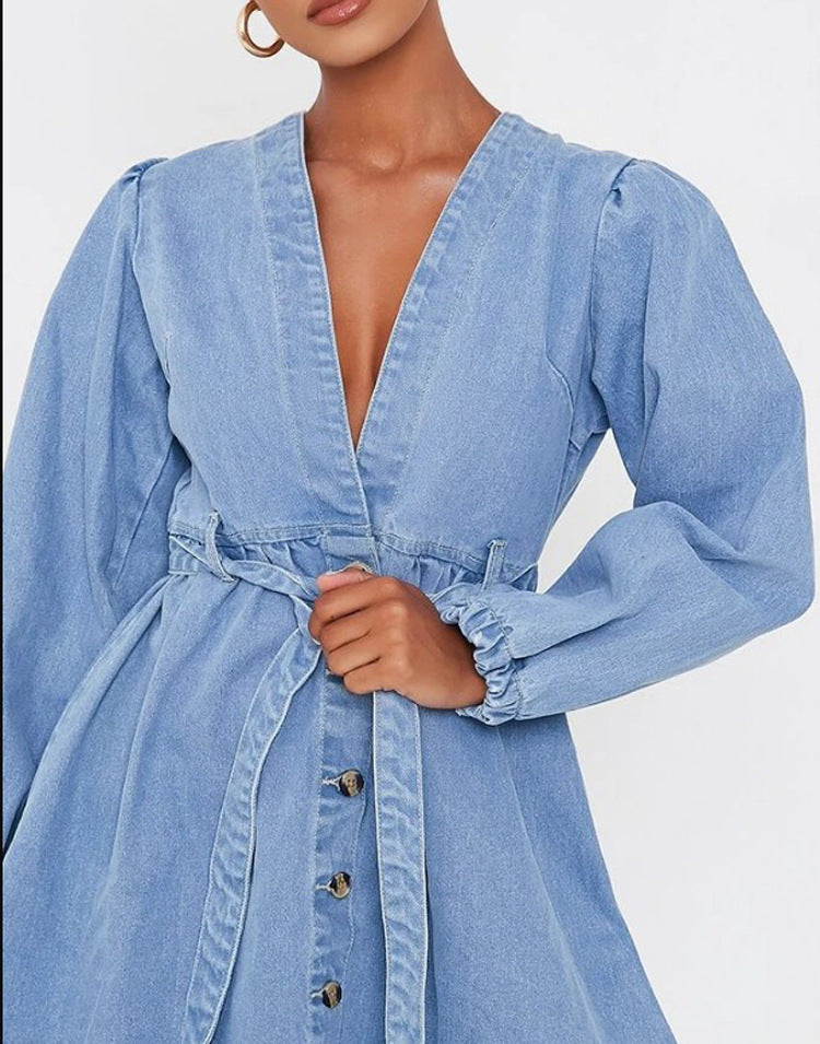 Long-sleeved Cardigan V-neck Denim Midi Dress