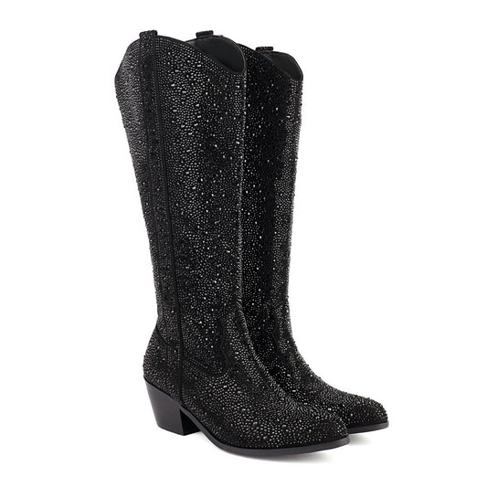 Shiny Rhinestone Ornament Large Size Thick Heel Women's Pointed-toe Boots