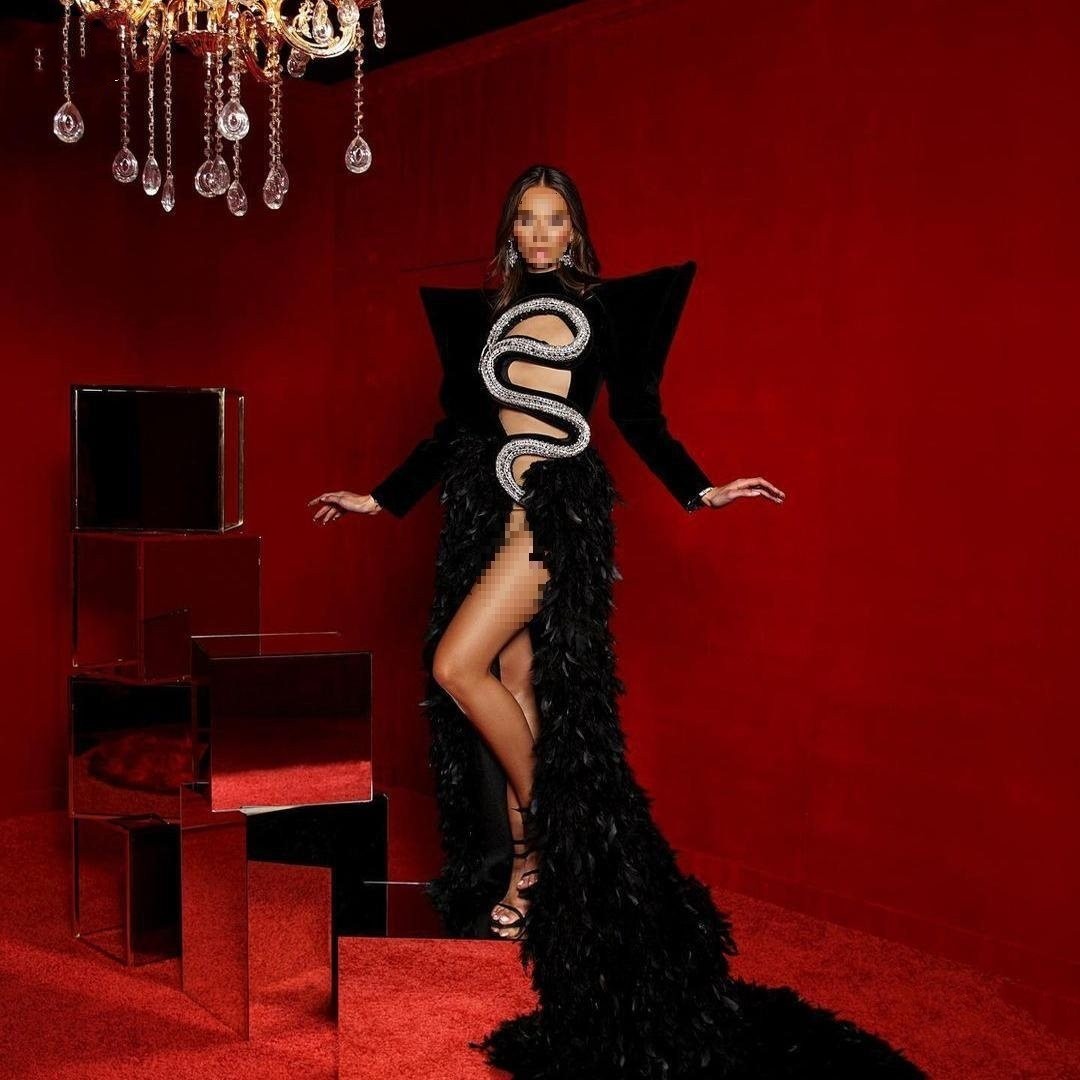 Rhinestone Feather Dress Party Stage