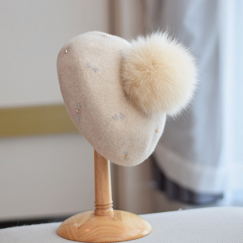 Women's Autumn And Winter Fox Fur Ball Vintage Wool Hat