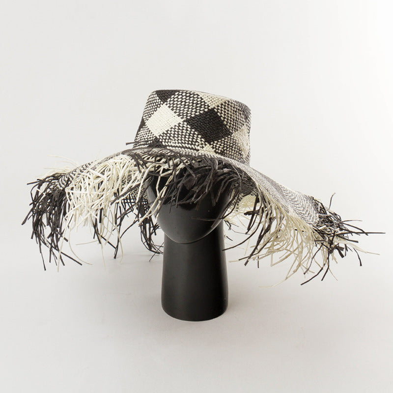 Straw hat with flat top and hairy brim