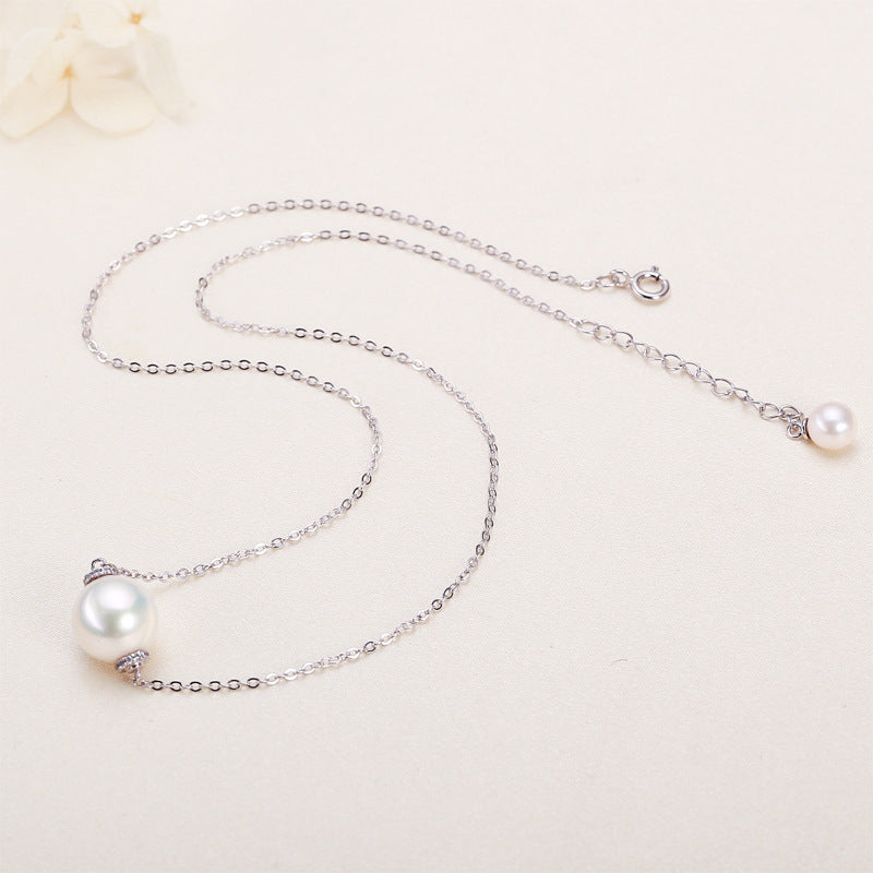 S925 Silver Single Pendant O-shaped Chain Freshwater Real Pearl Necklace