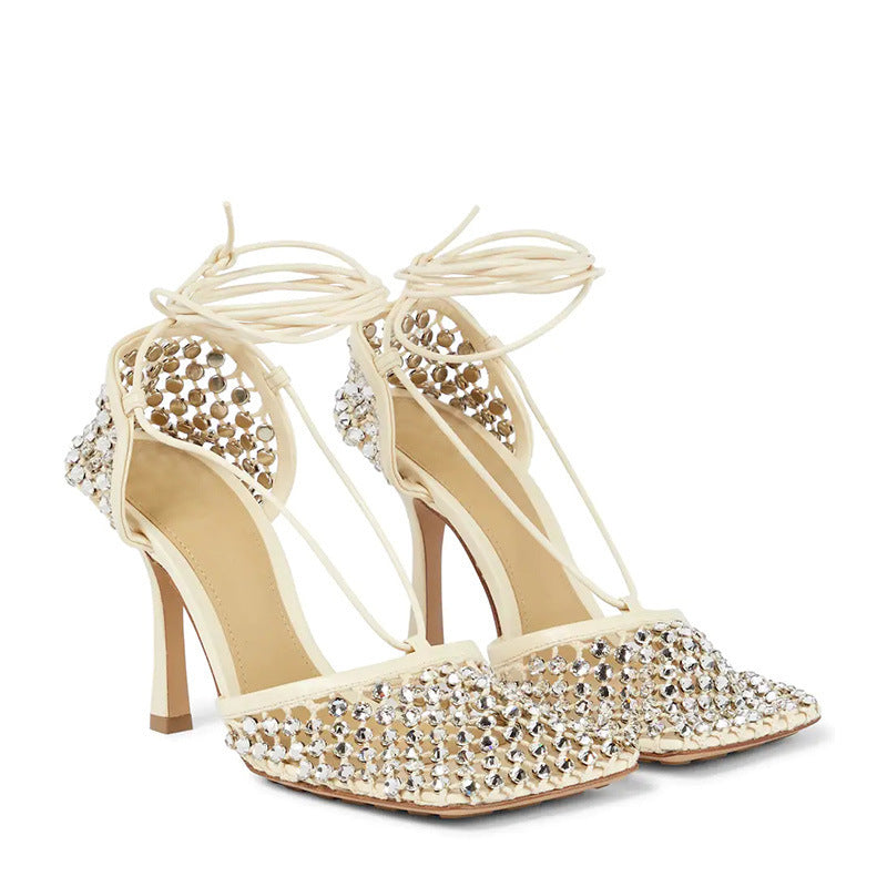 Rhinestone Mesh High Heels Square Toe Stiletto Strap Large Size French Sandals