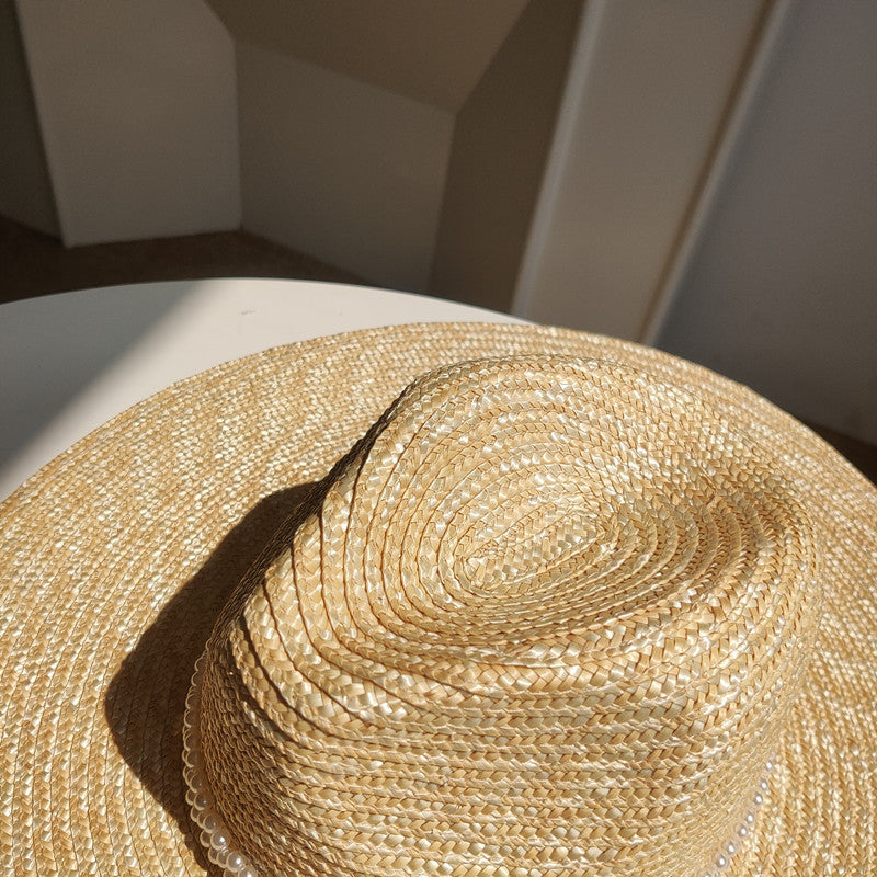 French Pearl Chain Big Brim Wheat Straw Jazz Straw Hat Beach