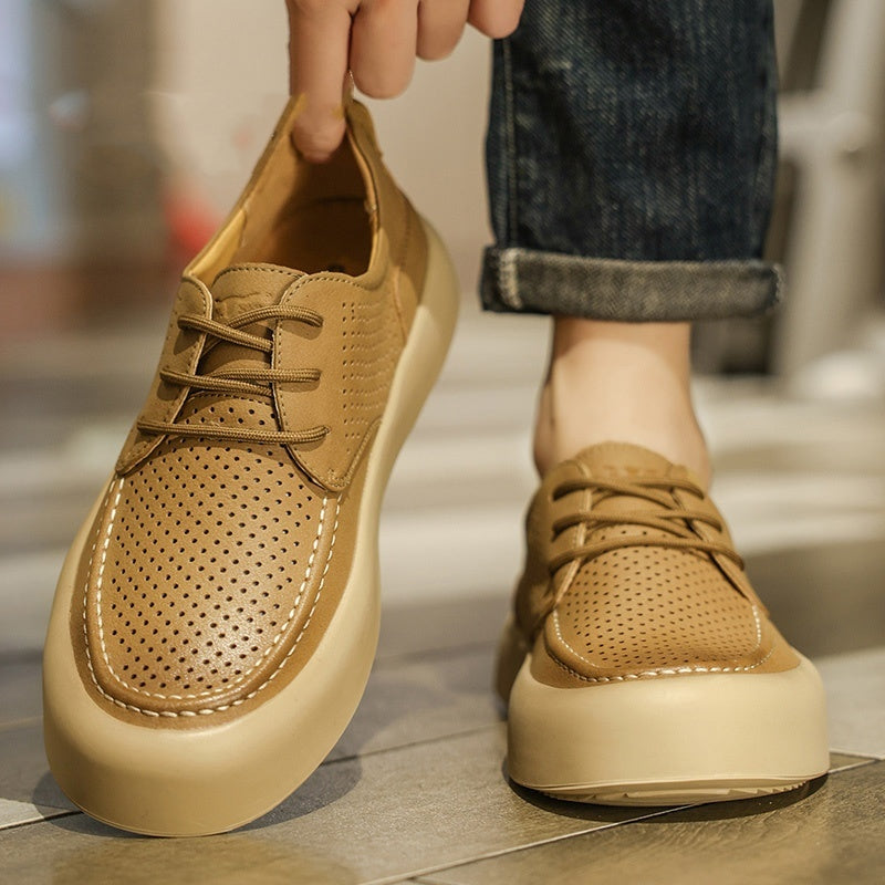 Men's Botton Width Height Increasing, Brown Lace-up Cutout Single Layer Sports And Leisure